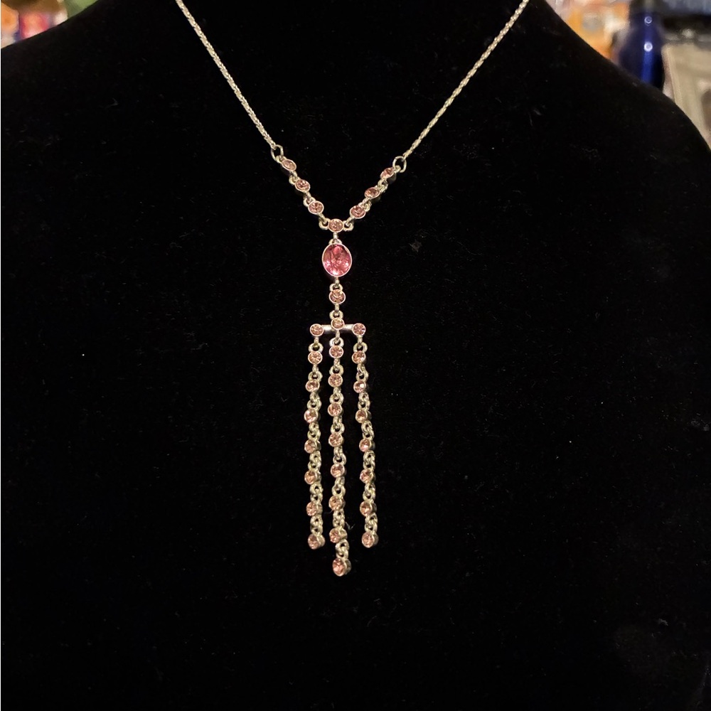 Vintage Givenchy Pink Crystal Dangle Lavalier Necklace Gunmetal Beautiful Piece